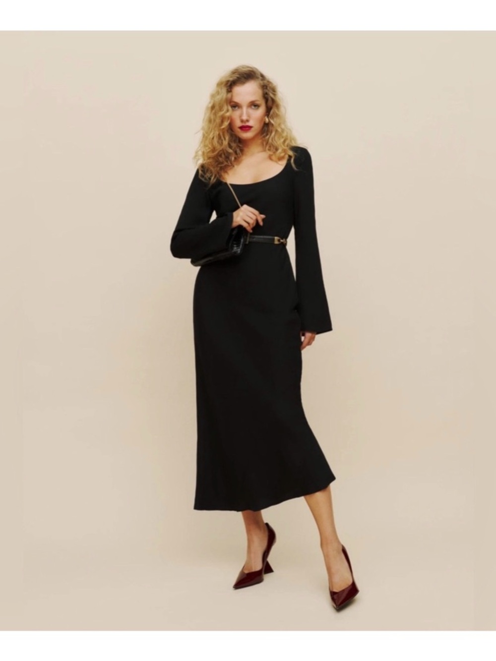 Reformation Black Long Sleeve Kady Scoop Neck Midi Dress
